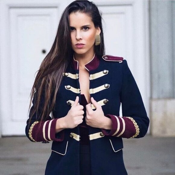 ZARA Velvet Military Jacket Navy Blue Velour Blazer Coat Rare - Picture 8 of 16